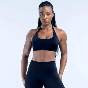 Halter sports bra with logo; seamless, highly elastic ultra‑thin matte nylon halter sports bra; backless design for a beautiful back; fitness yoga bra