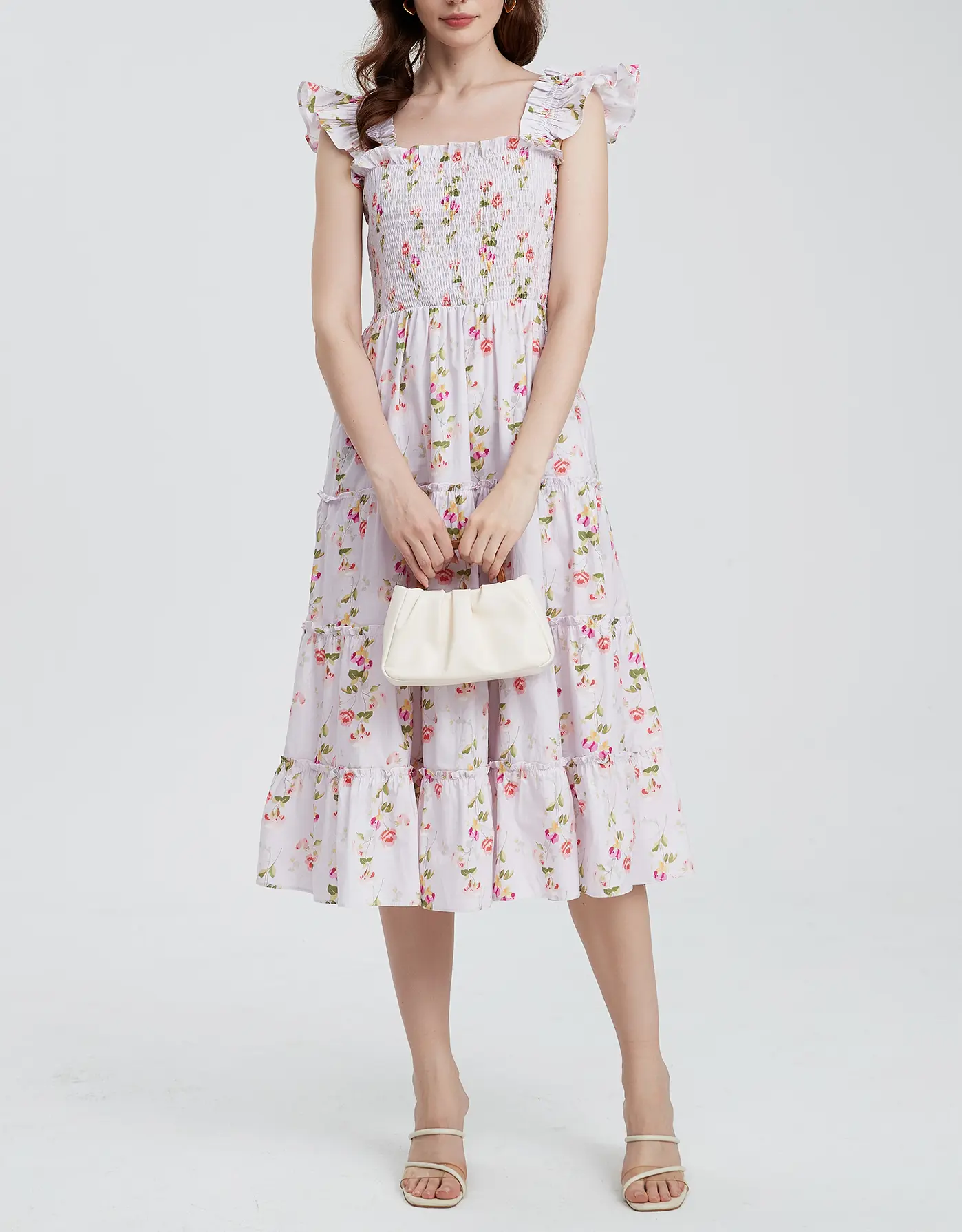 Women's Floral Smocked Ruffle Strap Tiered Midi Dress | Square Neck Summer Sundress