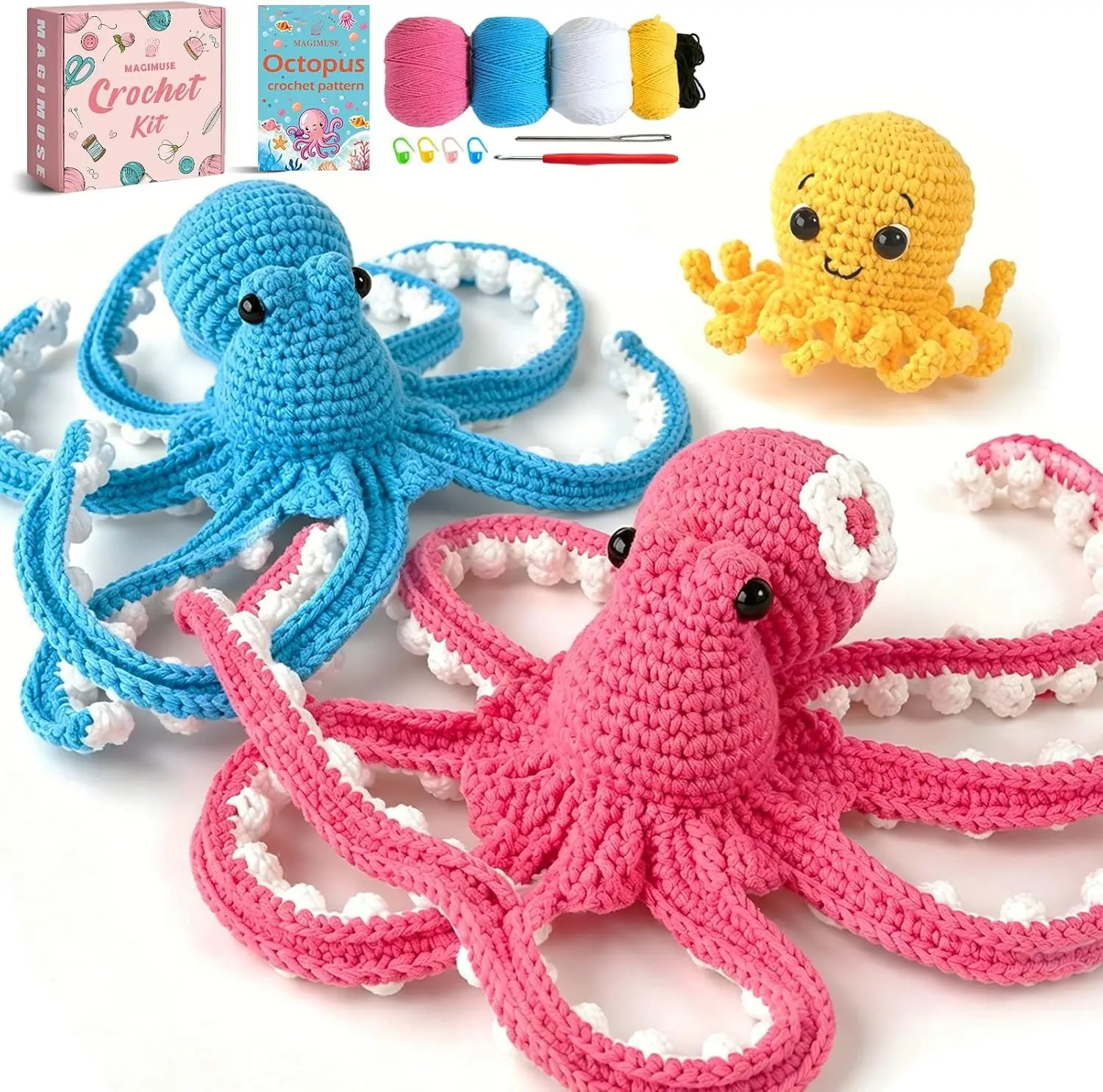 MAGIMUSE Crochet Kit for Beginners, Octopus Family Amigurumi Craft Kit | Includes Step-by-Step Video Tutorials and 40% More Yarn, Ideal for Beginner Crochet Projects. Gift