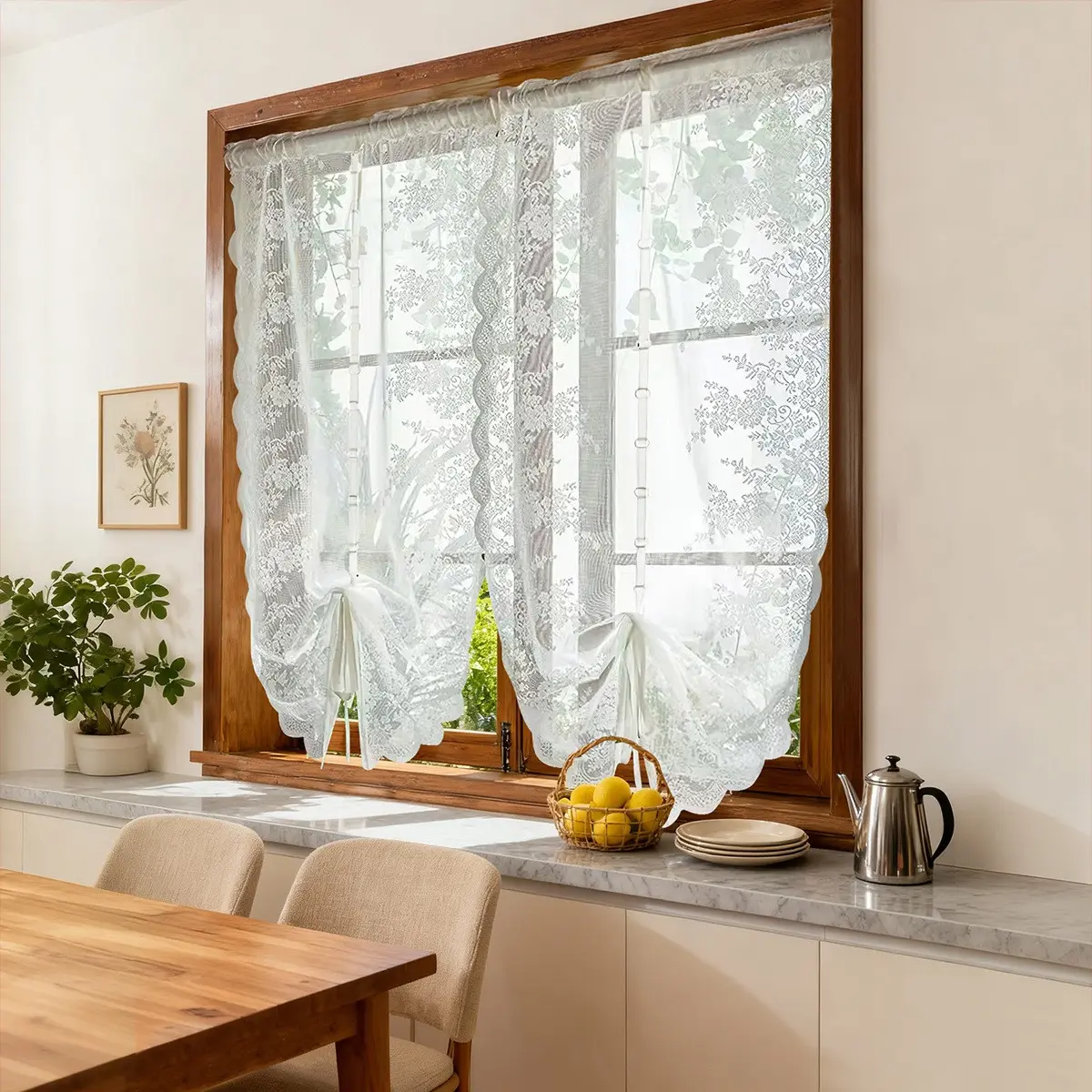 1pc Dual-Row Flower Pull-Up Curtain, Lace Sheer Window Drapes for Living Room Kitchen, Modern Minimalist Style, Light Blocking Curtains
