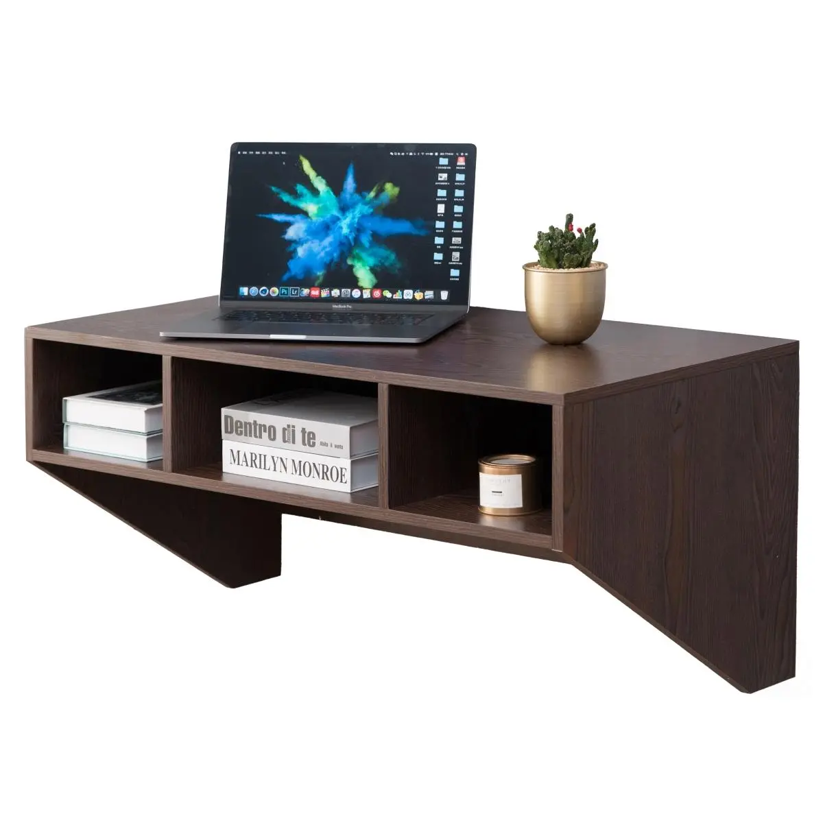 Basicwise QI003675B Wall-Mounted Computer Desk with Storage Shelves Floating Laptop Table for Home Office or Study Room Foldable Workstation with Compartments for Books Office Supplies and Decor, Brown Finish