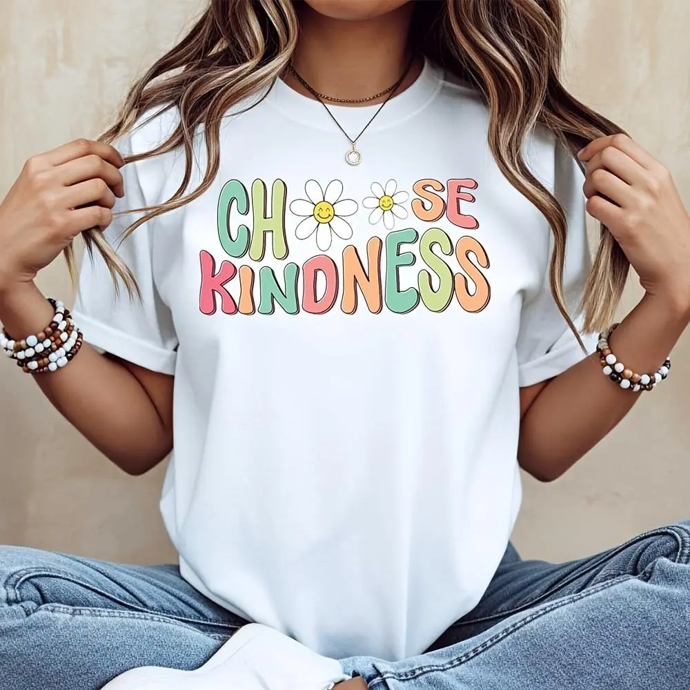 Choose Kindness Daisy Flower Print T-Shirt, Positive Vibes Mental Health Awareness Tee, Casual Daily Wear Summer Outfit