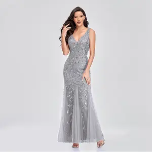 Evening Dress V-neck Sheer Embroidery Sequin Sexy Mermaid Ball Gown Women's Formal Dress