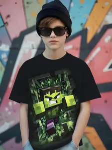 Summer Minecraft Pixel Jungle Creeper Kids Short Sleeve T-Shirt, Casual Fitted Tee, Random Print, Short Sleeve, Boys & Girls