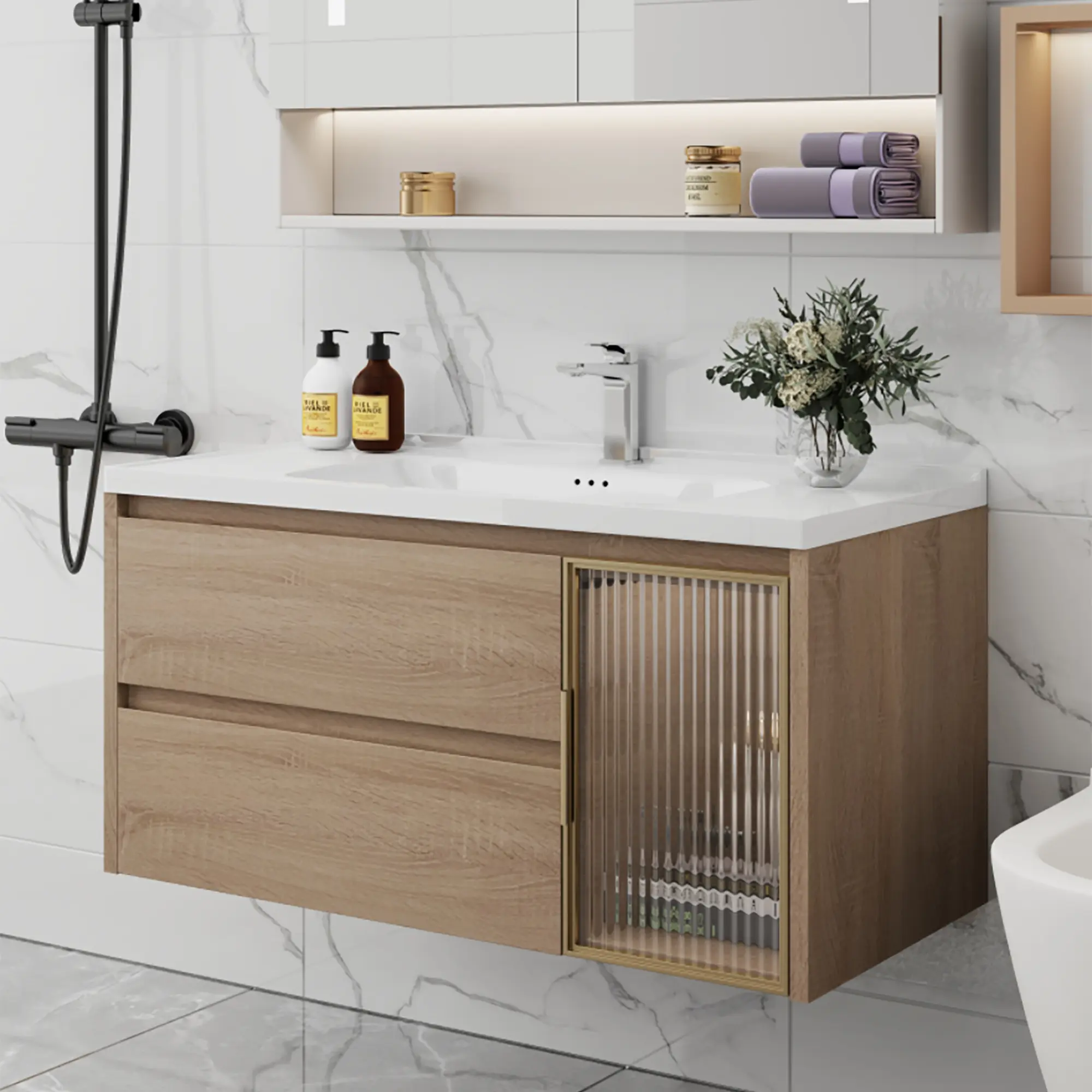 35.8'' Single Bathroom Vanity with White Sintered Stone Top, Floating Vanities with Solid Wood, Not Assembled Need Cabinet Sinks