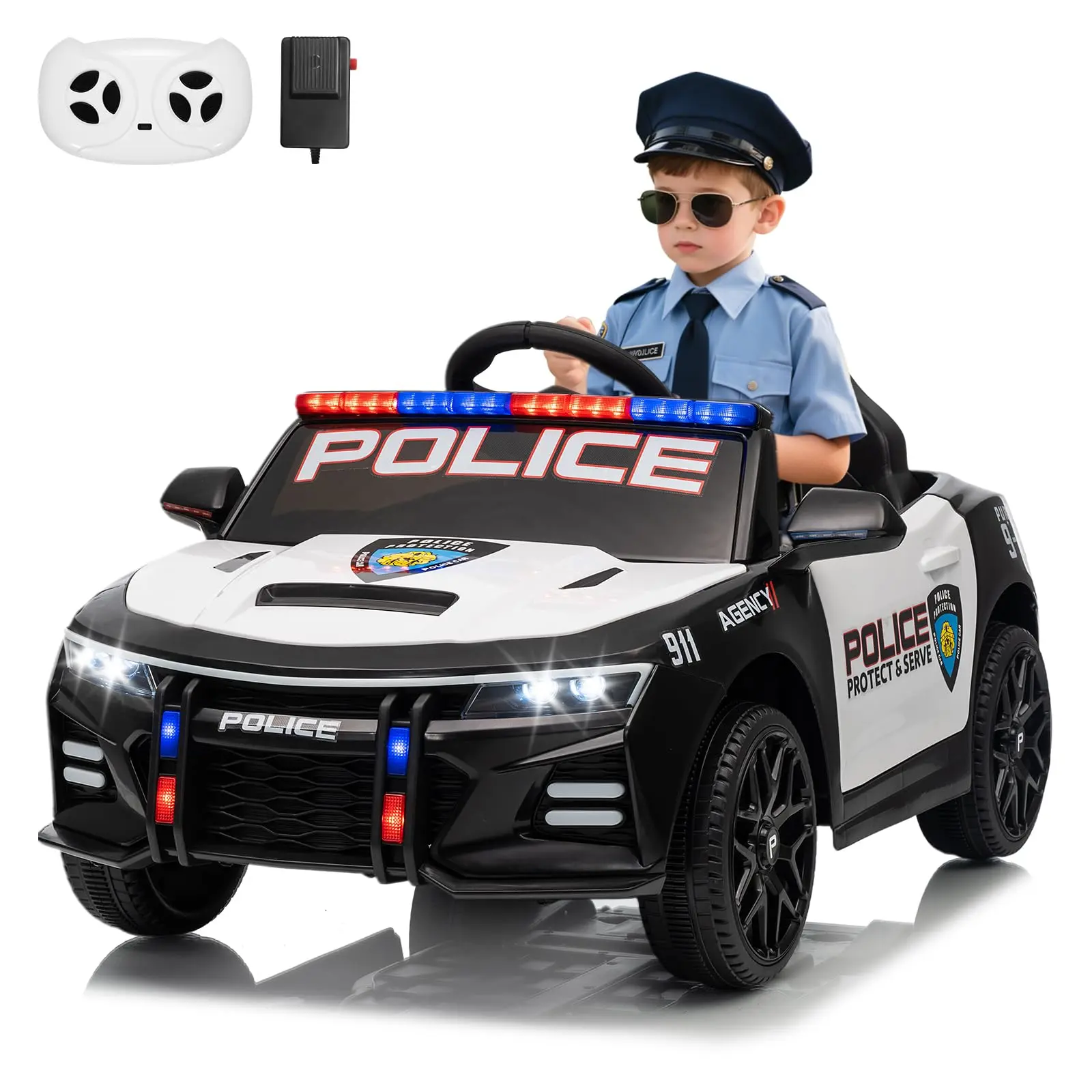 Garvee Ride On Electric Car for Kids, Ride-On Toys Cop Cars with Remote Control, Alert Tones, Megaphone, Flashing Lights, Music, Spring Suspension