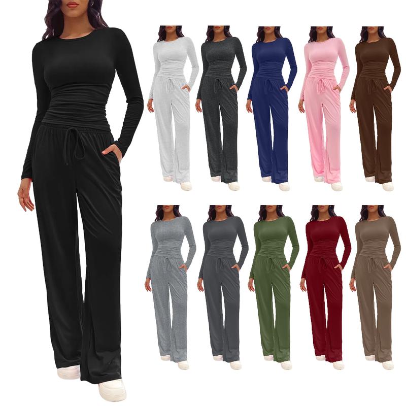 XINEV Women's Two Pieces Solid Long Sleeve Top & Straight Leg Pants ...