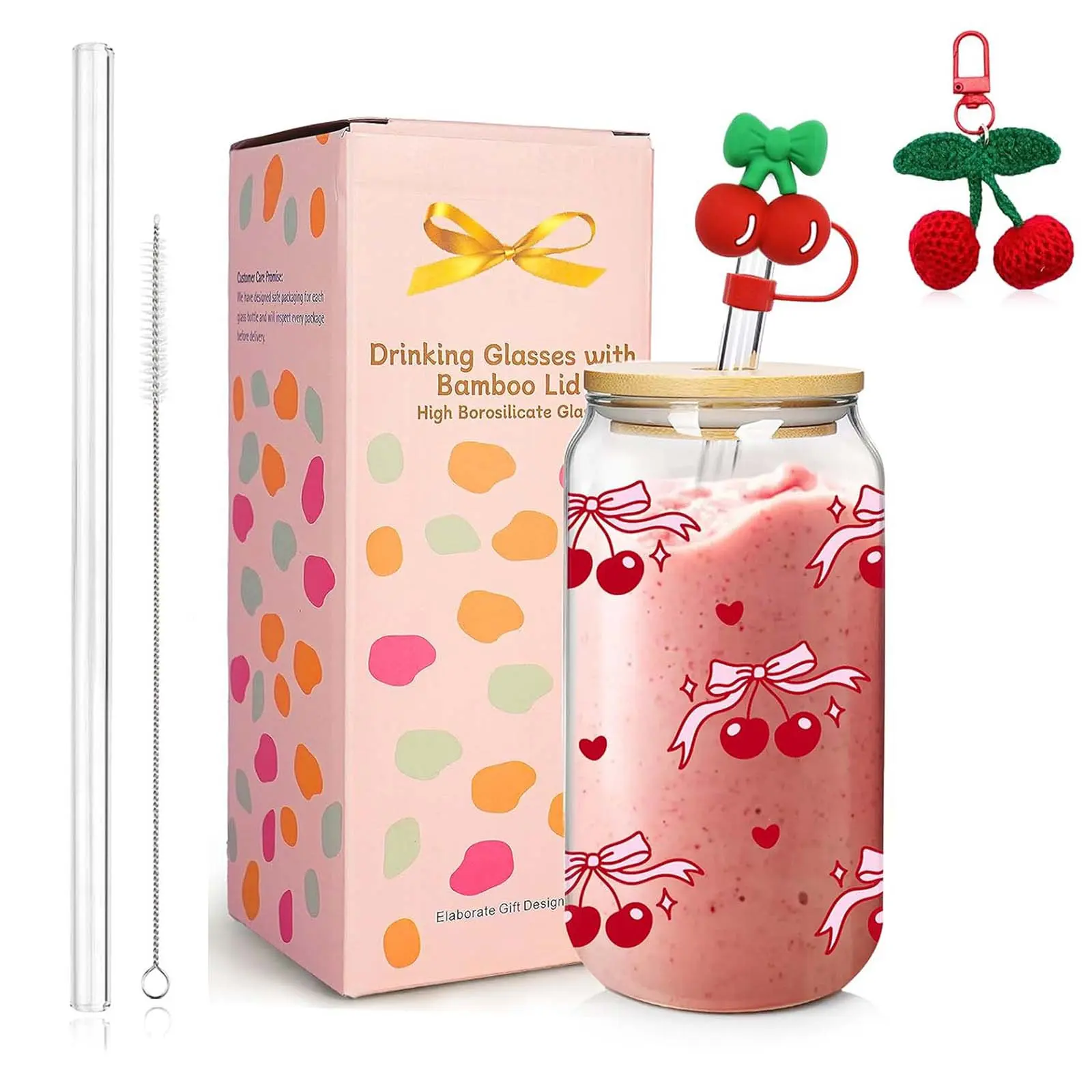 Gifts for Women Girls Friends, Cute Cherry Pattern Glass Tumbler, 18oz  Glass Cup with Lid &