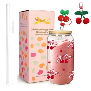 Gifts for Women Girls Friends, Cute Cherry Pattern Glass Tumbler, 18oz Glass Cup with Lid & Straw & Straw Brush & Cherry Keychain, Drinking Cup for Home Office Use, Drinkware, Pink Cherry Iced Coffee Cup, Decorative Cherry Design