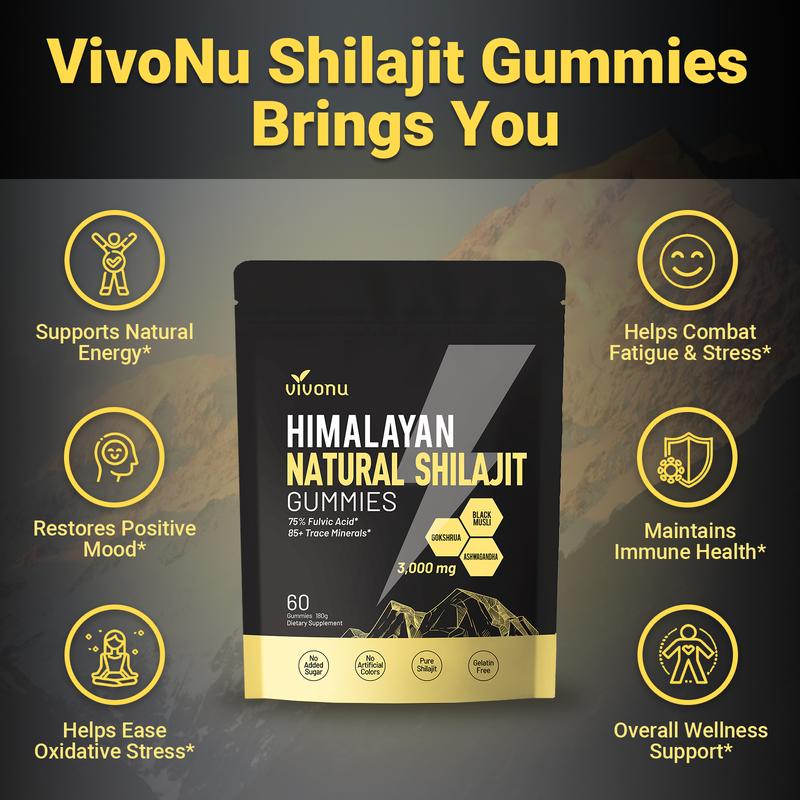 VivoNu Himalayan Shilajit Gummies | With Ashwagandha, Gokshura & other herbs | No added sugar | 60 Gummies