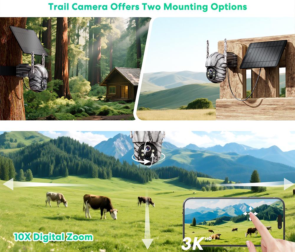 No WiFi Solar Camera 4G LTE Cellular Solar 4MP/3K Security Camera, No WiFi Required, Solar Cell Battary Powered Outdoor Camera, 360° View, AI Tracking,  Color Night Vision,  Built-in 4G SIM Card and SD Card