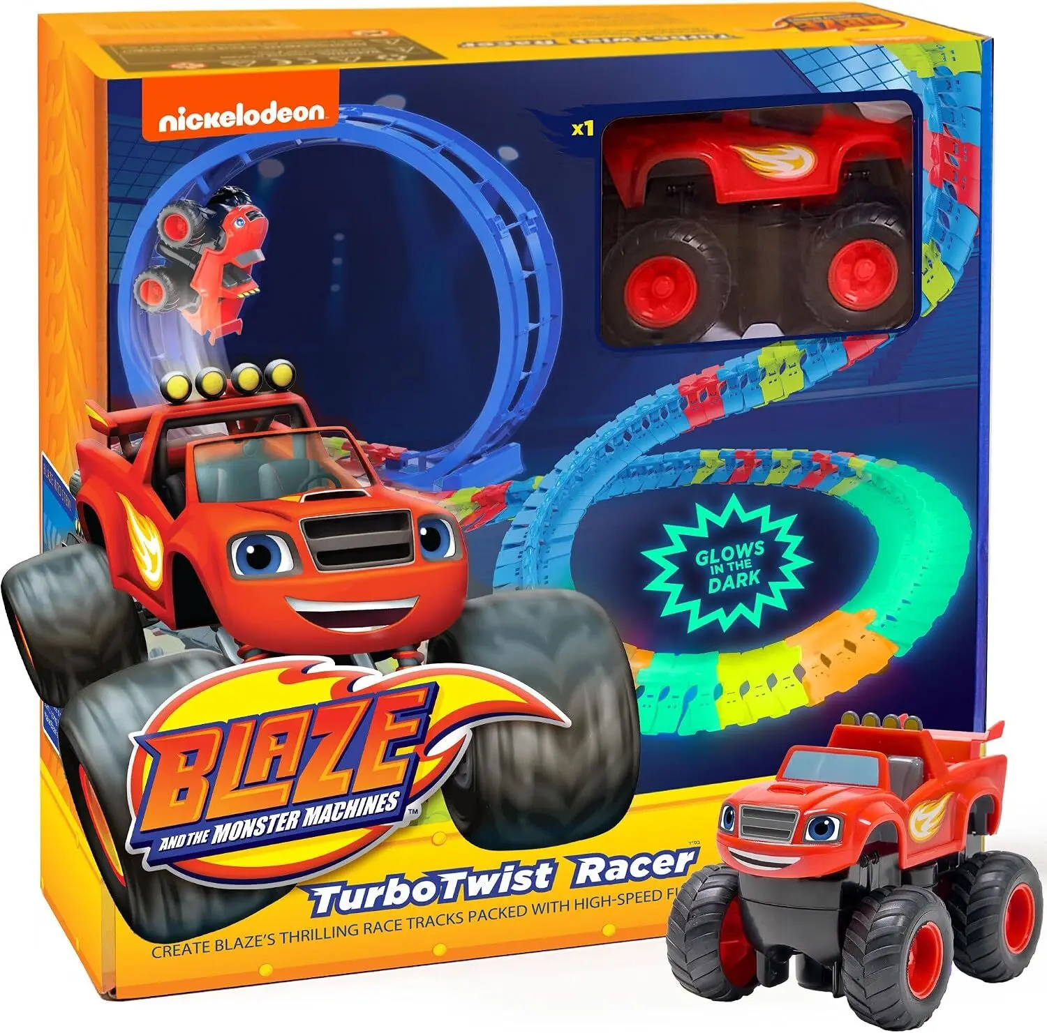 Blaze TurboTwist Racer Set – Rechargeable Monster Truck with Glow-in-the-Dark Race Track, 117-Piece STEM Playset, Ages 3+