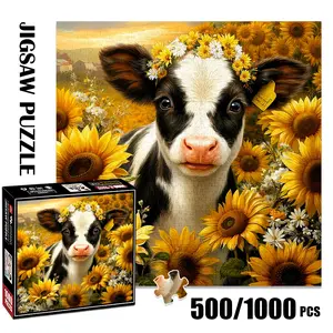 1pc 1000 piece adult puzzle 58x58cm Cute Cow with Flower Crown Surrounded by Sunflowers 500 pieces paper jigsaw puzzle suitable for DIY creative games for adults and families, birthday and holiday s