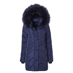 WWSP01-Sportoli Women Long Quilted Plush Lined Outerwear Puffer Jacket Winter Coat with Fur Hood - Navy (1X)