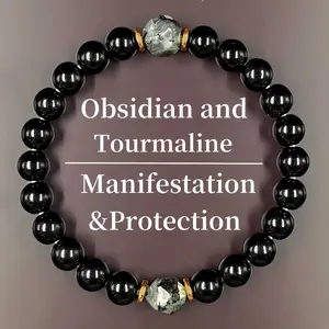 Obsidian & Black Tourmaline Bracelet - Manifestation & Protection Healing Crystal Beads Jewelry for Men & Women, Christmas Gift, Gifts for Mother's Day, Father's Day, Valentine's, Birthdays, Anniversary, Black Grounding Stone Beaded Bracelet