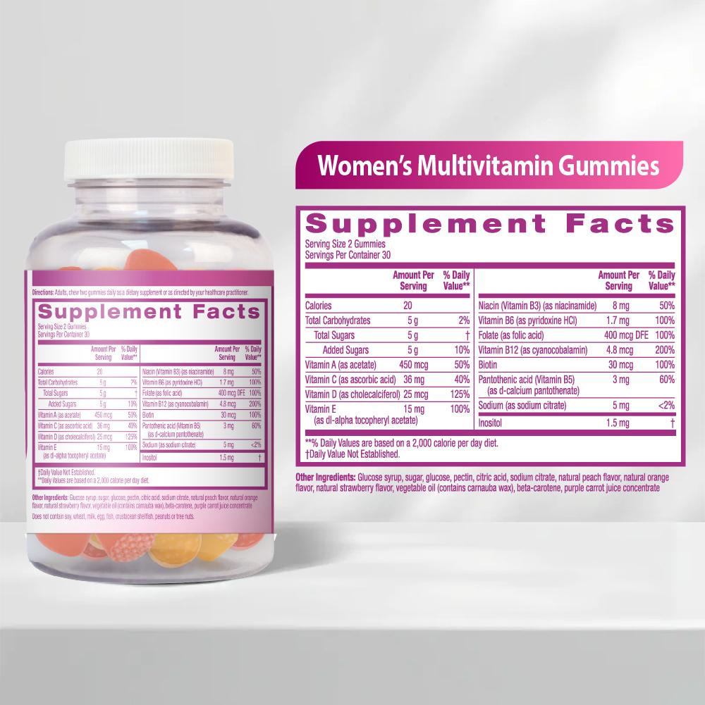 HealthA2Z Women's Multivitamin Gummies (Peach, Orange & Strawberry Flavored) - 60 Pieces (Pack of 1) - Vitamins A, D, C, E, B3, B6, B12, B5, Biotin, Folic Acid - Supports Metabolism, Stress, Skin, Hair & Nail