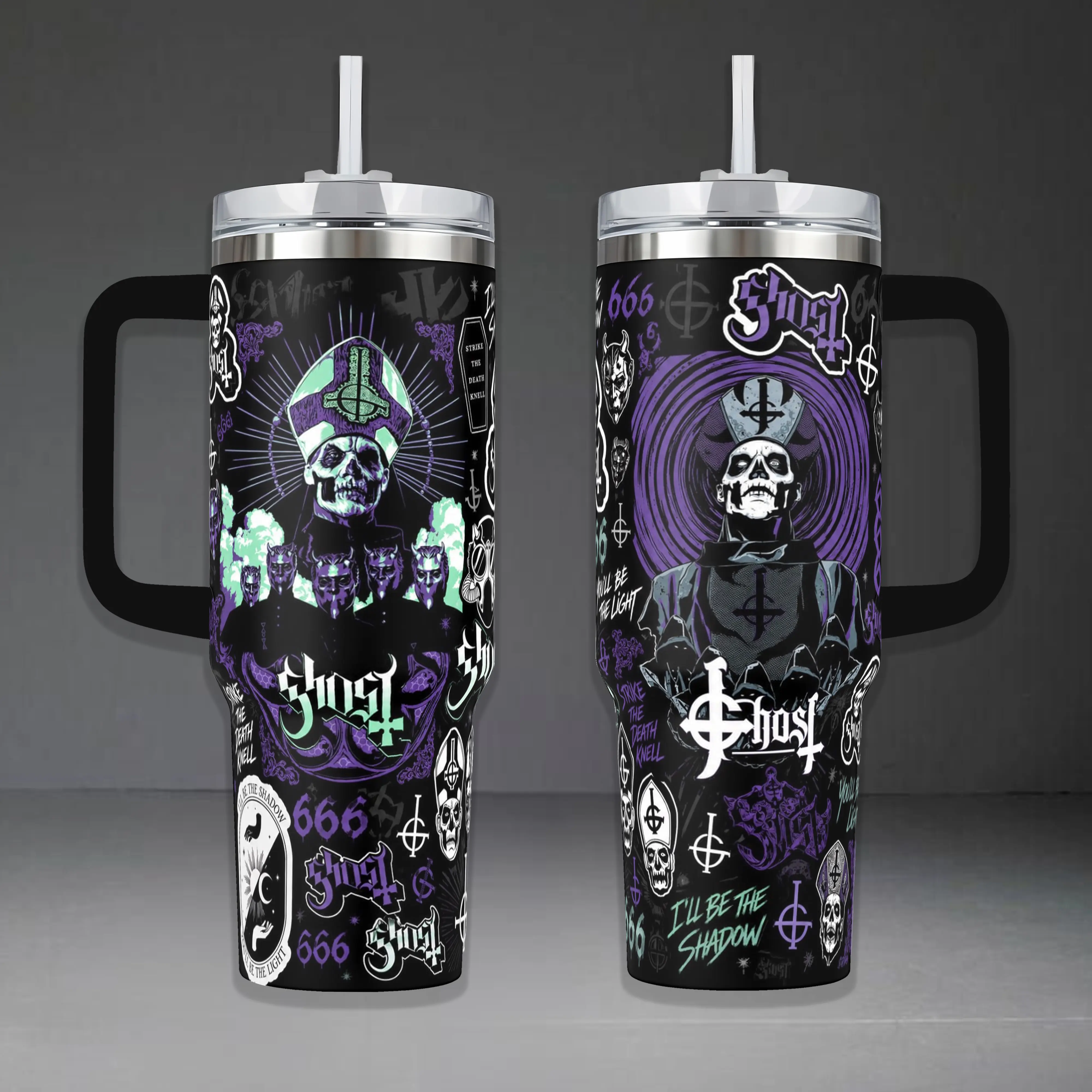 Ghost Band "I'll Be The Shadow" Tumbler, 20oz & 40oz Insulated Travel Mug with Handle. Featuring Iconic Papa Emeritus Artwork & Occult Symbols, Perfect Gift for Ghost Band Fans and Metal Music Enthusiasts
