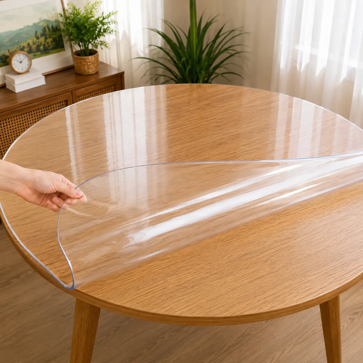 Round Clear PVC Table Mat Heavy Duty Circular Transparent Cover for Dining Coffee Table Non Slip Scratch Resistant Cut to Fit BPA Free Vinyl Pad Waterproof Oilproof Easy Clean
