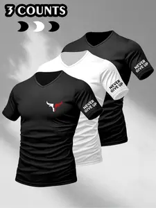 Men's Solid V Neck Tee, Regular Fit Casual Short Sleeve T-shirt for Summer, Men's Top for Daily Wear, Tropical