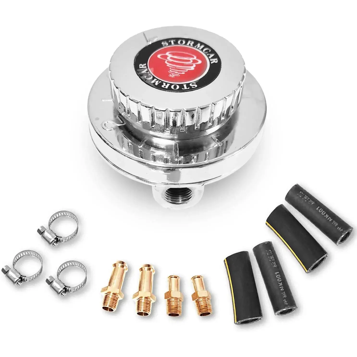Universal Metal Fuel Pressure Regulator Kit with Polished Chrome Dial for Carburetor Engines, Adjustable 1-6 PSI, Includes 8mm & 10mm Fittings, 4 Connection Pipes, 4 Rubber Tails & 3 Clips, 4 X Rubber Tails