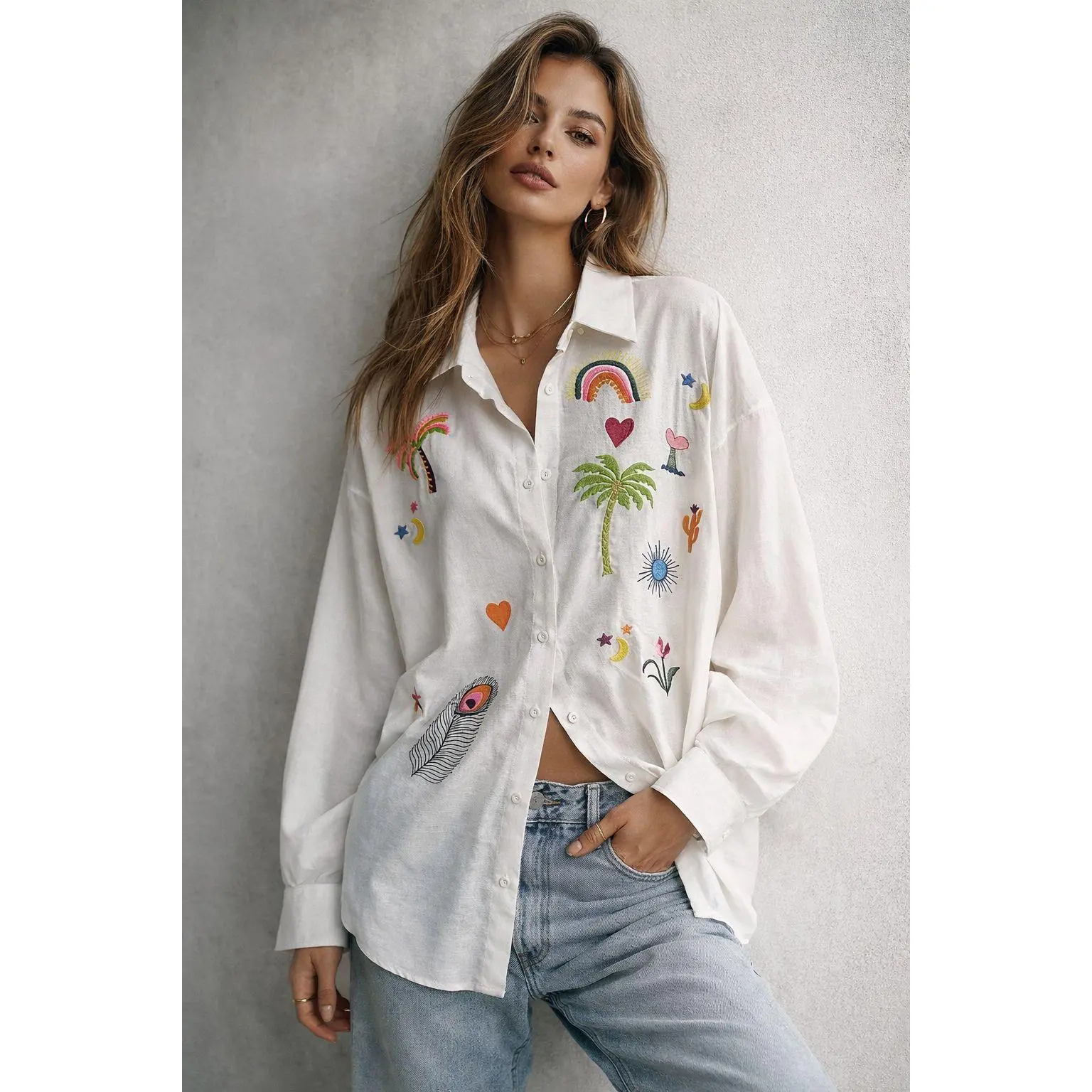 2026 women's new vacation style pure cotton embroidered shirt long sleeved casual style breathable French cardigan