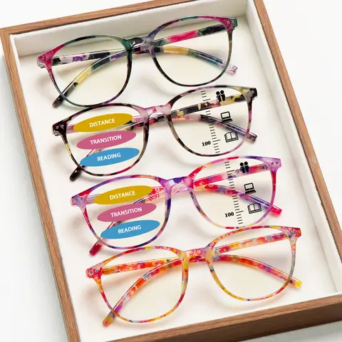 4pcs Progressive Multifocal Blue Light Blocking Reading Glasses Retro-Inspired Fashion Prints Round Frames Stylish And Versatile Suitable For Multiple Occasions Women's Holiday Gift Christmas Gift