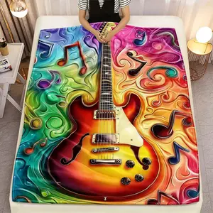 Electric guitar music notes rainbow blanket flannel musical instrument art colorful throw blanket