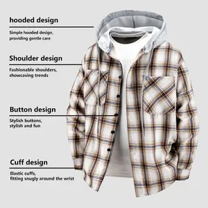 Christmas Gift, Men's Casual Plaid Hooded Shirt - Adjustable Drawstring at Front, Long Sleeve Button-Up Top with Patchwork Pattern, Machine Washable, Suitable for Spring & Autumn, Classic Button Design, Non-Stretch Fabric, Durable Material, Adult Apparel