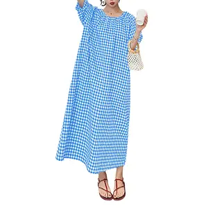 Chouyatou Women's Summer Plaid Loose Casual Dress with Puff Sleeves Mid-Length Cotton Dress Black White Womenswear