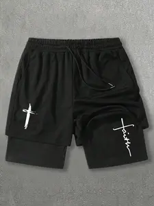 Men's Regular Fit Cross Print 2-in-1 Shorts, Casual Comfy Breathable Lightweight Athletic Shorts for Gym Workout Running, Men's Bottoms for Summer, Comfy Stretchy Shorts