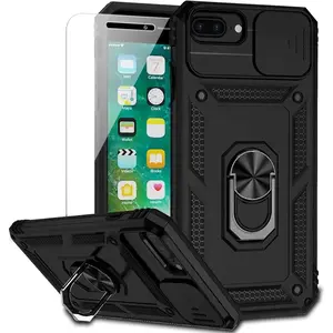 for iPhone 8 Plus case, for iPhone 7 Plus Case, with Camera Lens Cover HD Screen Protector, 15 ft Military Grade Drop Protection Magnetic Ring Holder Kickstand Protective Phone Case (Black)