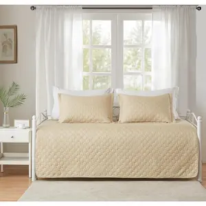 3 Piece Beige Twin Size Daybed Cover Set Cozy Double Sided Quilted Geometric Print Bedspread Coverlet All Season Bedding with 2 Standard Shams 39"x75"