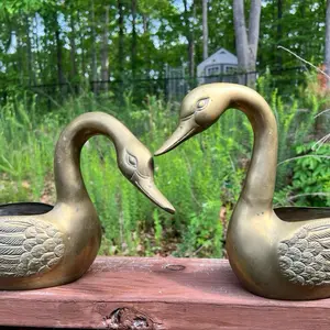 Vintage Brass Swan Planter Set of 2 with Unique Swan Designs in Gold Finish