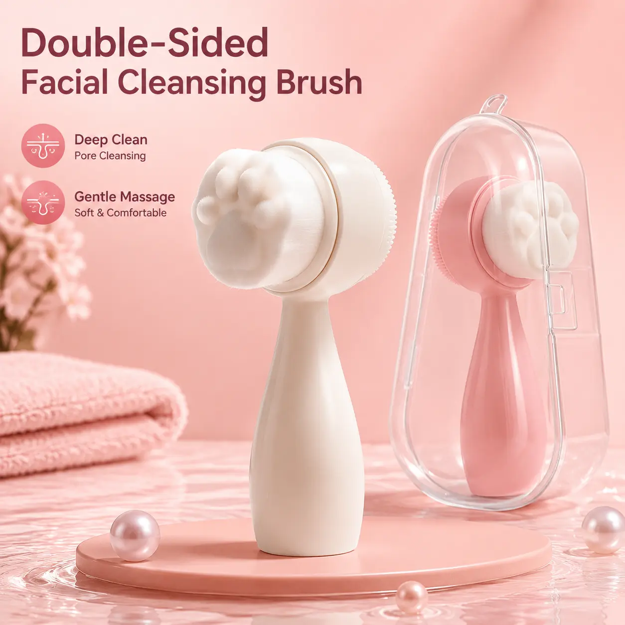 Double Sided Facial Cleansing Brush, Soft Bristle & Silicone Face Scrub Brush, Deep Pore Cleanser with Travel Storage Case