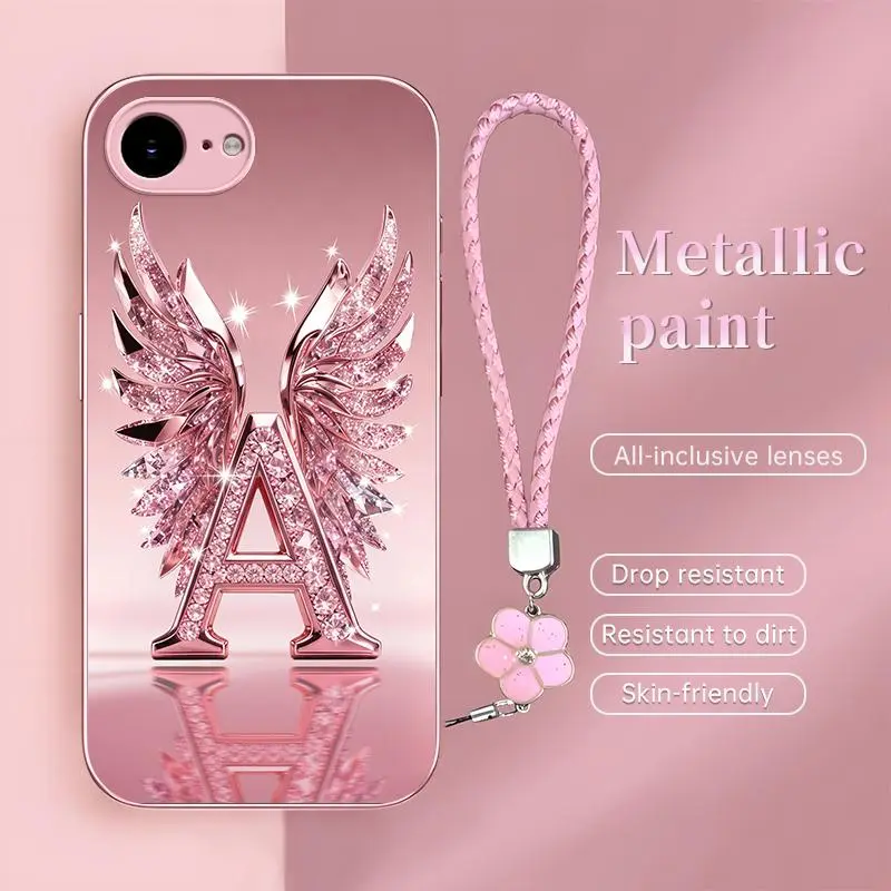 Suitable for [iPhone 16e ] Personalized Initial Angel Wings Phone Case, Rose Gold Electroplated Glass Case, Luxury Aesthetic Monogram Design, With Matching Pink Flower Lanyard, Cute Gift for Her -JS996