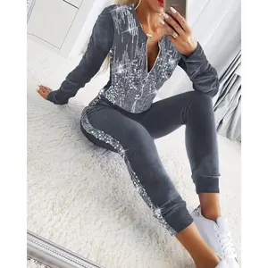 Womens2PieceVelvetTracksuitOutfitsContrastSequinRuchedLongSleeveZipUpCoatPantsSetsComfortLoungeclothes