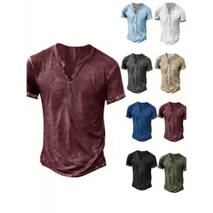 Men's Distressed Henley Shirt - Slim Fit Short Sleeve Button-Up Cotton T-Shirt with V-Neck & Placket Detailing, Machine Washable Casual Shirt in Olive Green, Black, Blue, Burgundy, Sporty Apparel | Athletic Style | Comfortable Tee Top Streetwear