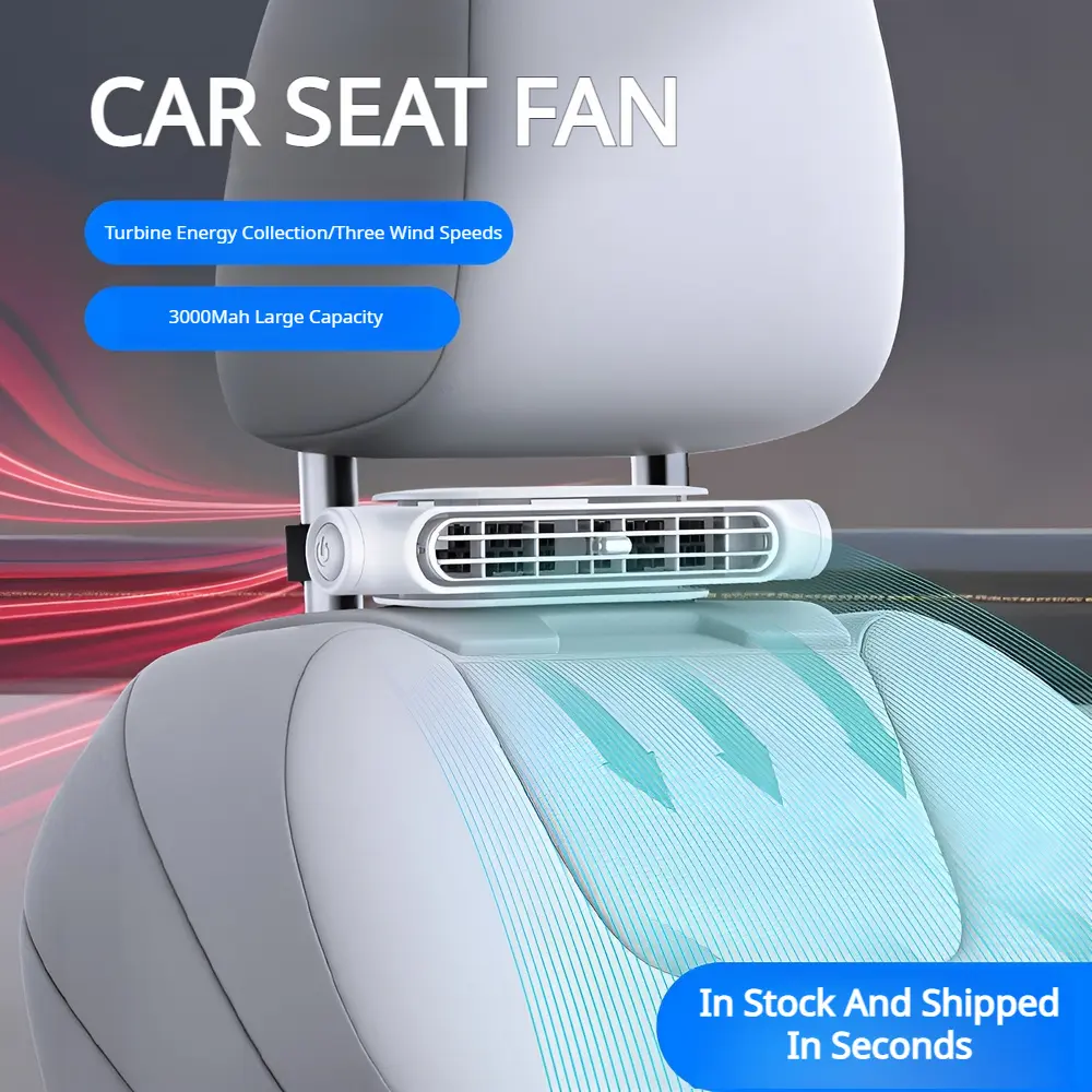 Portable fan for children in the back seat; USB-rechargeable neck-cooling fan featuring 3-speed adjustment and an air vent clip design; compatible with all vehicle models as well as home and office chairs.