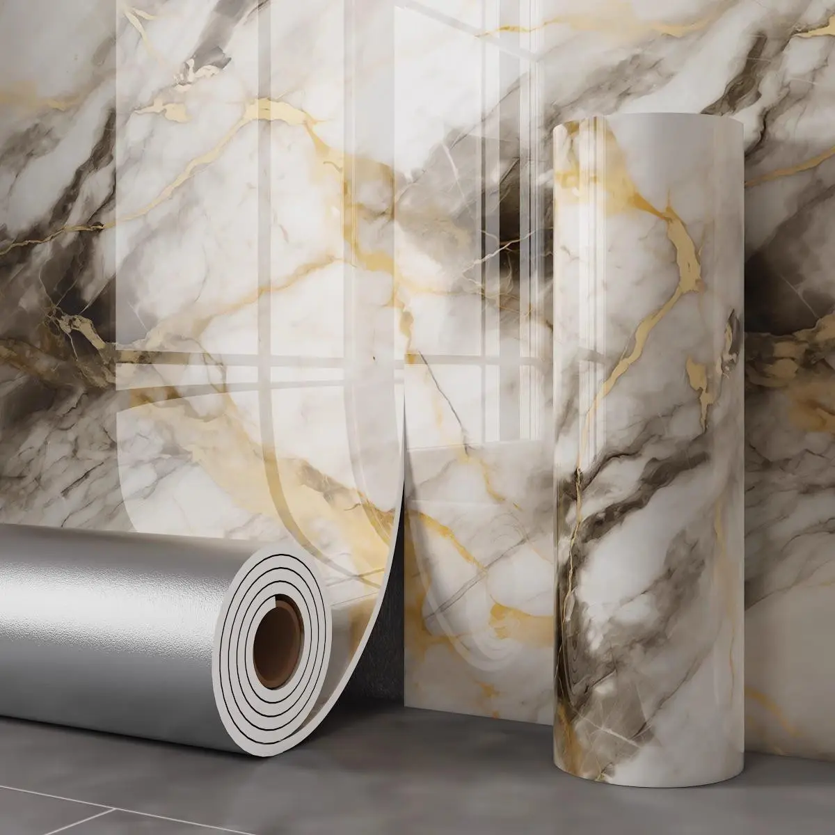 Self-Adhesive Marble Tile Shower Waterproof Wall Panel, 118.11x415.75 Inch, PVC Wall Board, Bathroom, Kitchen, Living Room, Interior Walls Panel, Removable Matte Gold Wallpaper, Marble Wallpaper Peel And Stick