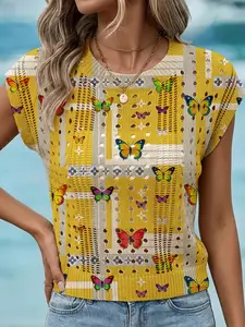 Spring Summer Elegant Women's Vacation Style Colorful Butterfly Geometric Jacquard Round Neck Sweater, Casual Sleeveless Knit Top