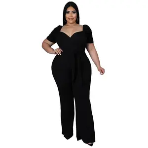 Spring and Summer Large Size Women's Stand-Up Neck Lotus Leaf Sleeve High Waist Jumpsuit Wide Leg Pants