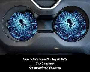 Blue Spider Neoprene-Ceramic Car Coasters, Handcrafted Print Automotive Interior Accessories, Colorful Look, Spill-Proof, Cup Protection, Easy to Install, Fits Standard Car Cup Holders