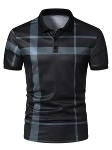 Men's Regular Fit Plaid Print Checked Short Sleeve Stretch Fitted Polo Shirt, Casual All Over Print Half Button Front Top for Summer, Fashion Men's Streetwear Clothes Menswear for Daily Wear