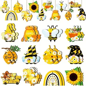 24pcs Wooden Bee Cluster Dwarf Gnome Hanging Decorations, Rainbow Sunflower Honeybee Wall Hangings, Holiday Party Supplies, Mdf Material, China Harvested, Wooden Decorative Ornaments