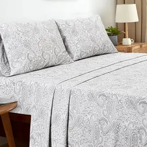 Orbby T-144 Paisley Grey 100% Cotton Percale Sheet Set – Ultra Soft Cooling Breathable Bedding, Deep Pocket Fit, Luxury 4PC Bed Sheet Set, Elegant Aesthetic Bedroom Essential