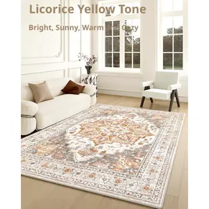 Machine Washable Area Rug, Large Soft Vintage Beige Carpet, Area Rugs for Living Room, Bedroom, Dining Room, Non-Slip Distressed Traditional Rug, Stain Resistant Rug, Under Table Rug, Low Pile Home Decor, Indoor Floor Mat Available in Various Sizes