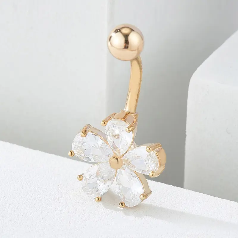 Rhinestone Flower Belly Button Ring, Cute Belly Piercing Body Jewelry For Women, Fashion Accessories For Women, Navel Piercing Jewelry