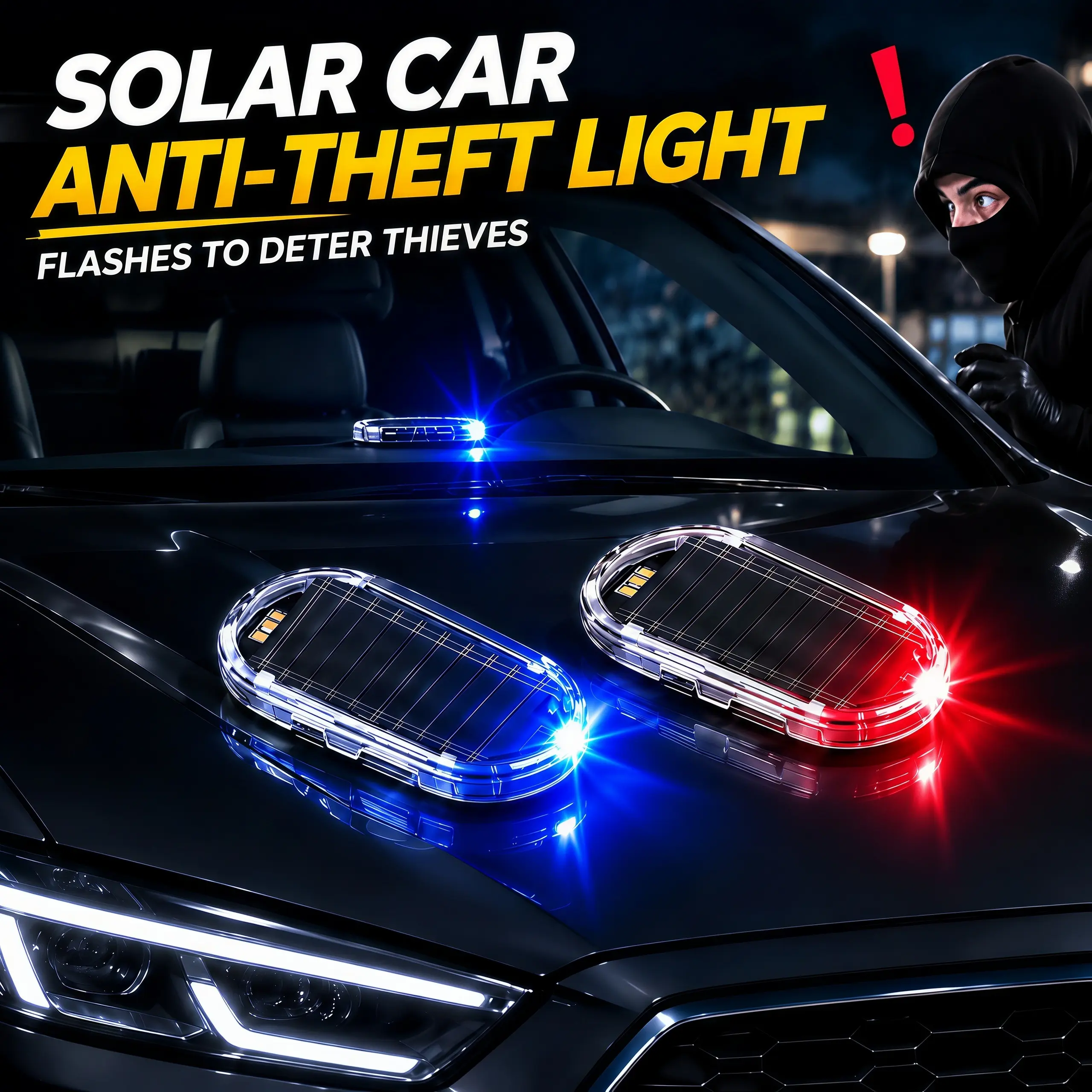 Solar & USB Powered Fake Car Alarm Light, LED Simulated Security Warning Strobe Light with Light Sensor, Auto Off in Daytime & Flash at Night, No Wiring Needed, Anti-Theft Dummy Warning Light for Vehicle