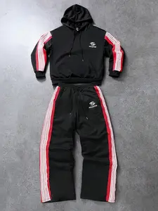 Houston Striped 2-Piece Tracksuit Set - Black & Red Oversized Hoodie + Wide-Leg Pants, Soft Comfortable Streetwear Outfit for Daily Errands, Gym & Casual Hangouts 2026 TikTok Trend