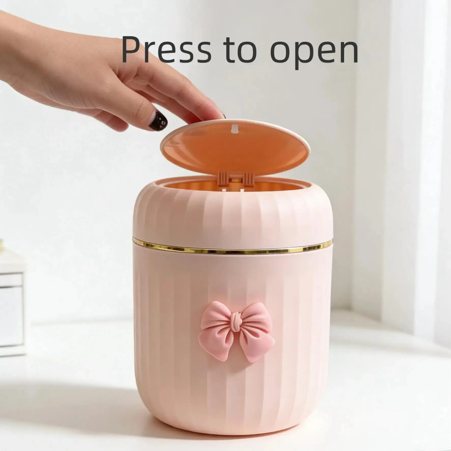 Desktop press-type trash can with lid, garbage can with lid, bedroom dresser mini waste paper basket, high-value bowknot odor-proof, desktop storage bucket, essential household item